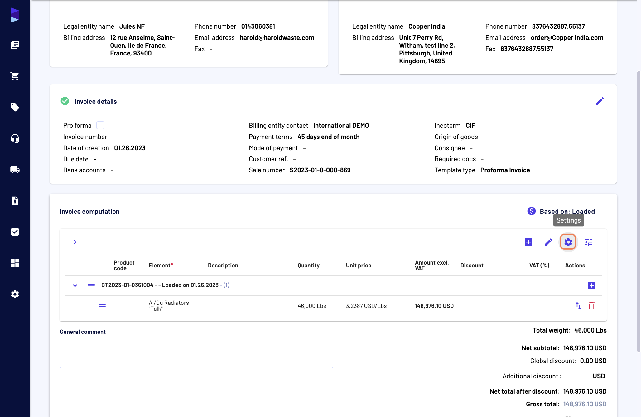In the invoice computation category, click on "Settings"