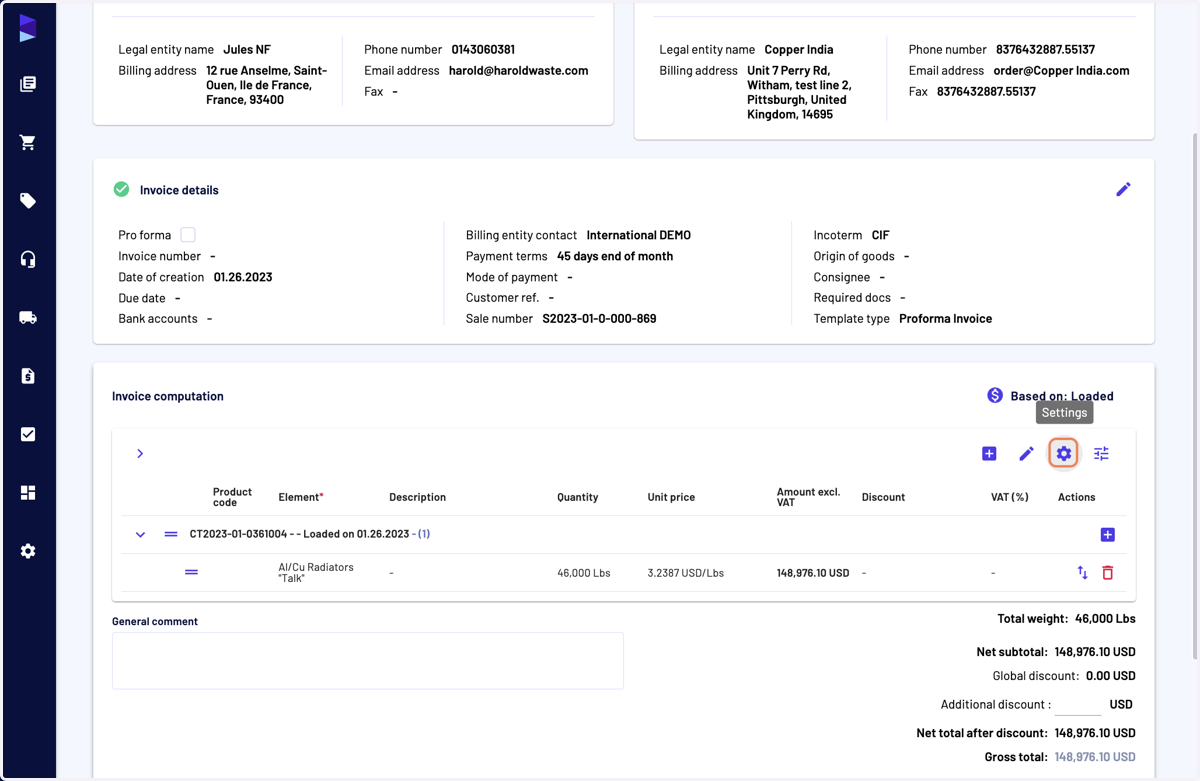 In the invoice computation category, click on "Settings"