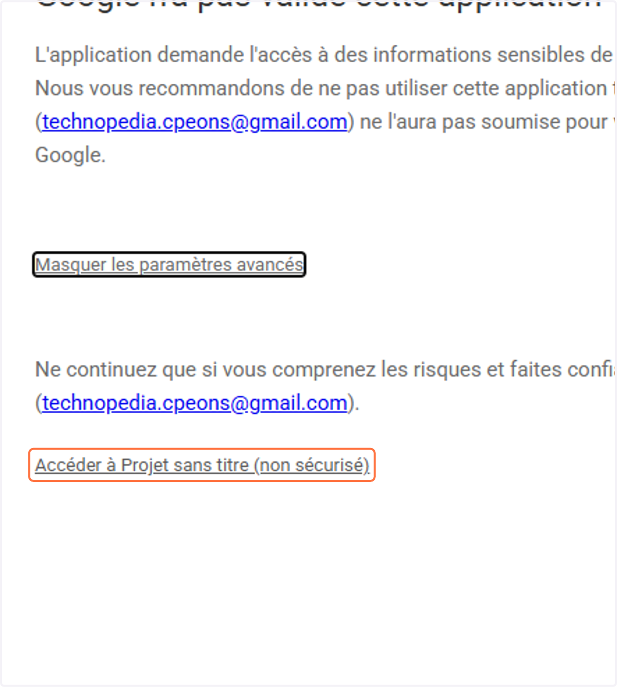 Clique sur Accéder à Projet sans titre (non sécurisé)