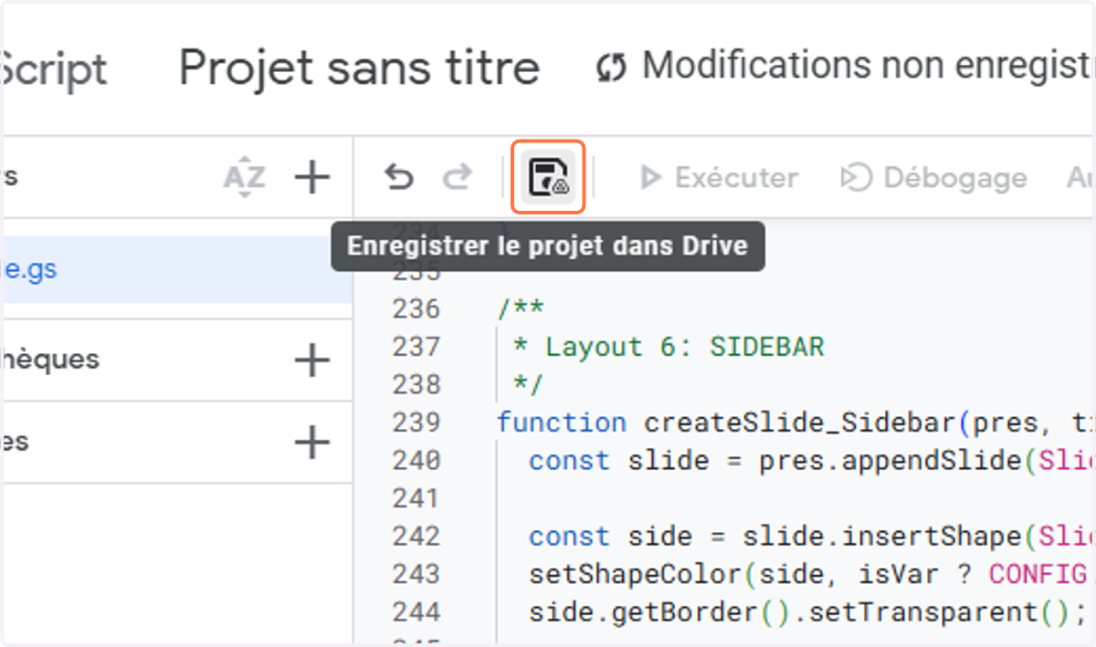 Clique sur Enregistrer le projet dans Drive