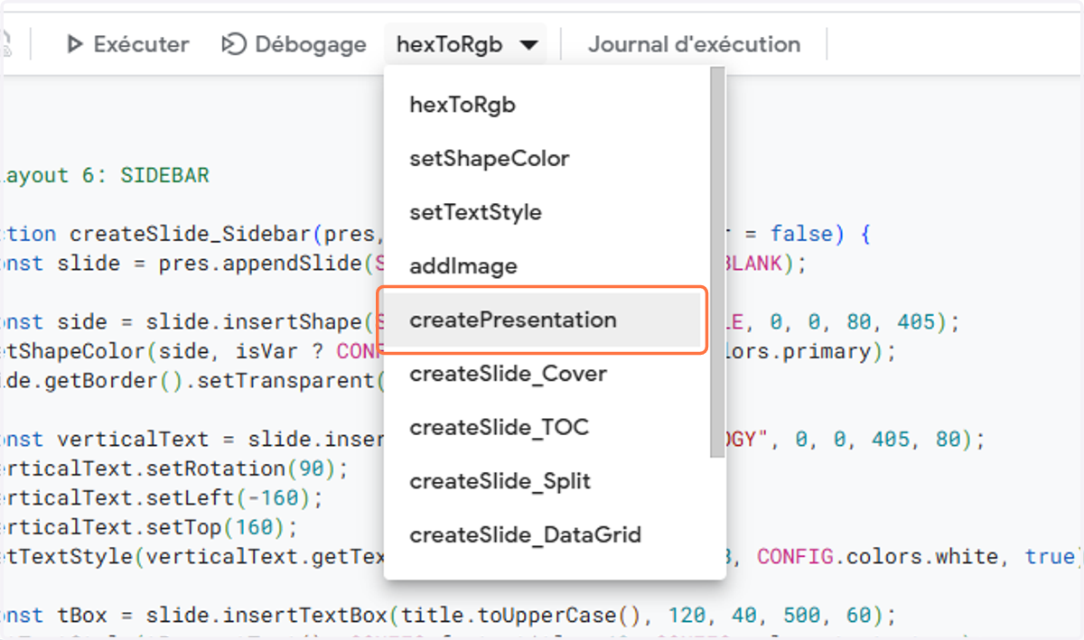 Clique sur createPresentation ou un autre nom dans le genre