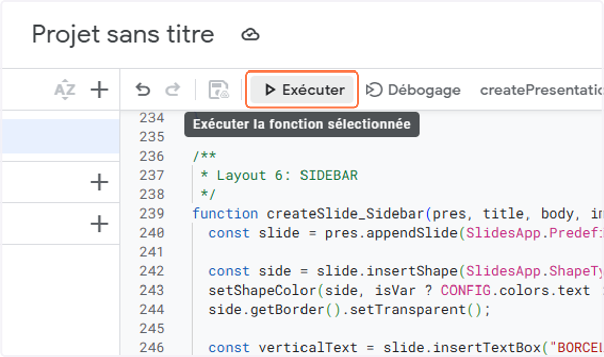 Clique sur Exécuter la fonction sélectionnée