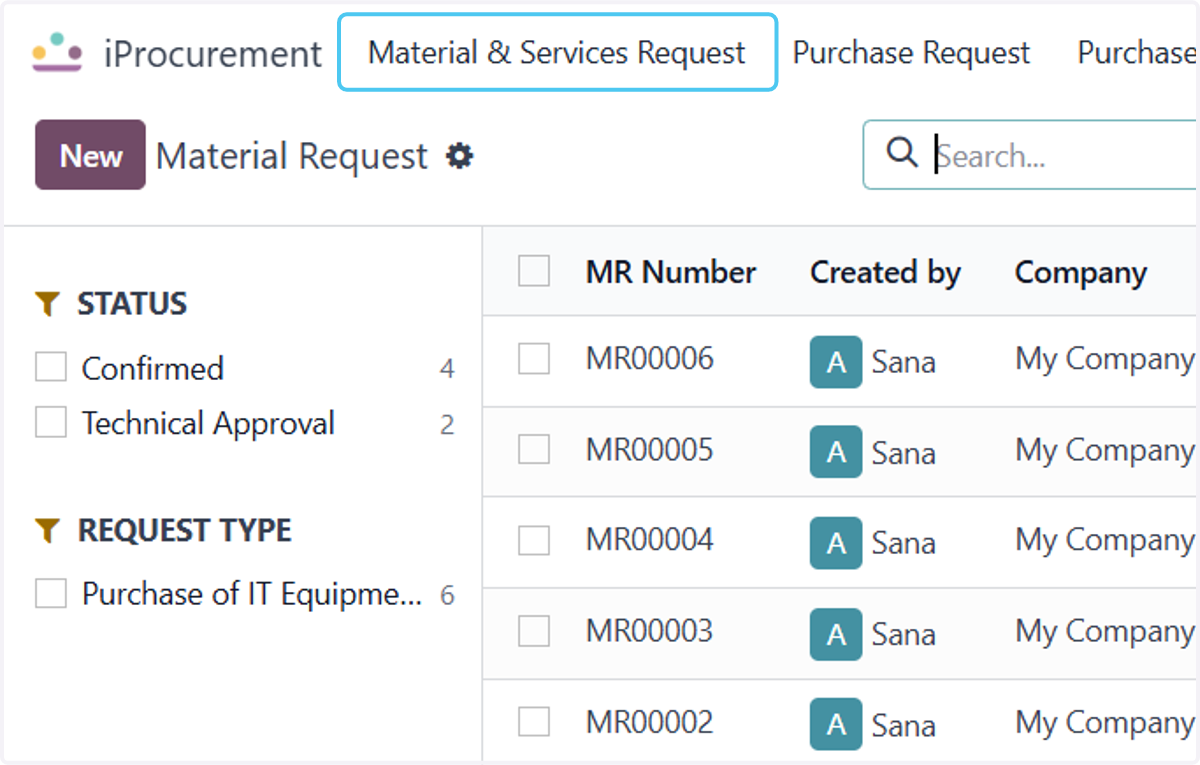 Click on Material & Services Request