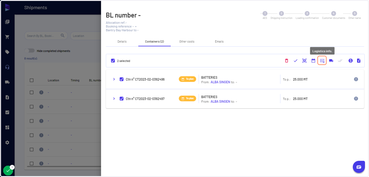 Select the containers and click on "Logistics info" on the right