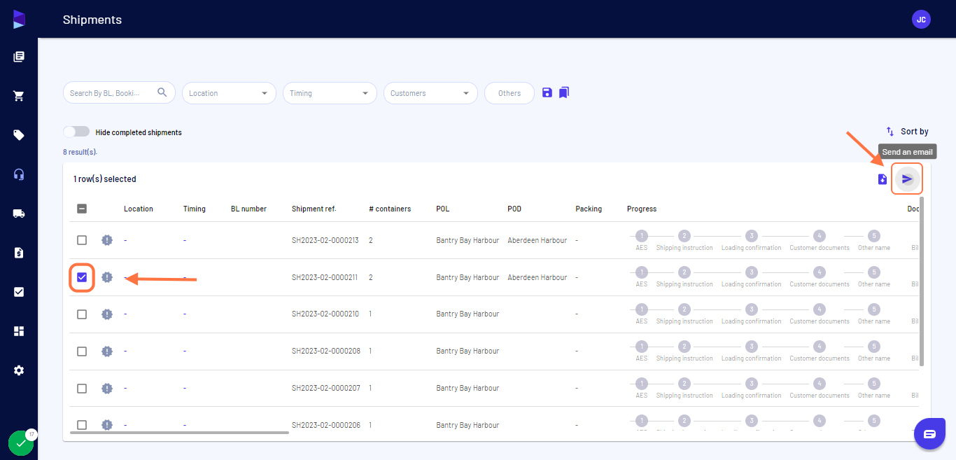 To share booking confirmation go back to the "Shipments" menu, select the shipment and click on "Send an email on the right. Or do it from the "Trucks/Containers" page