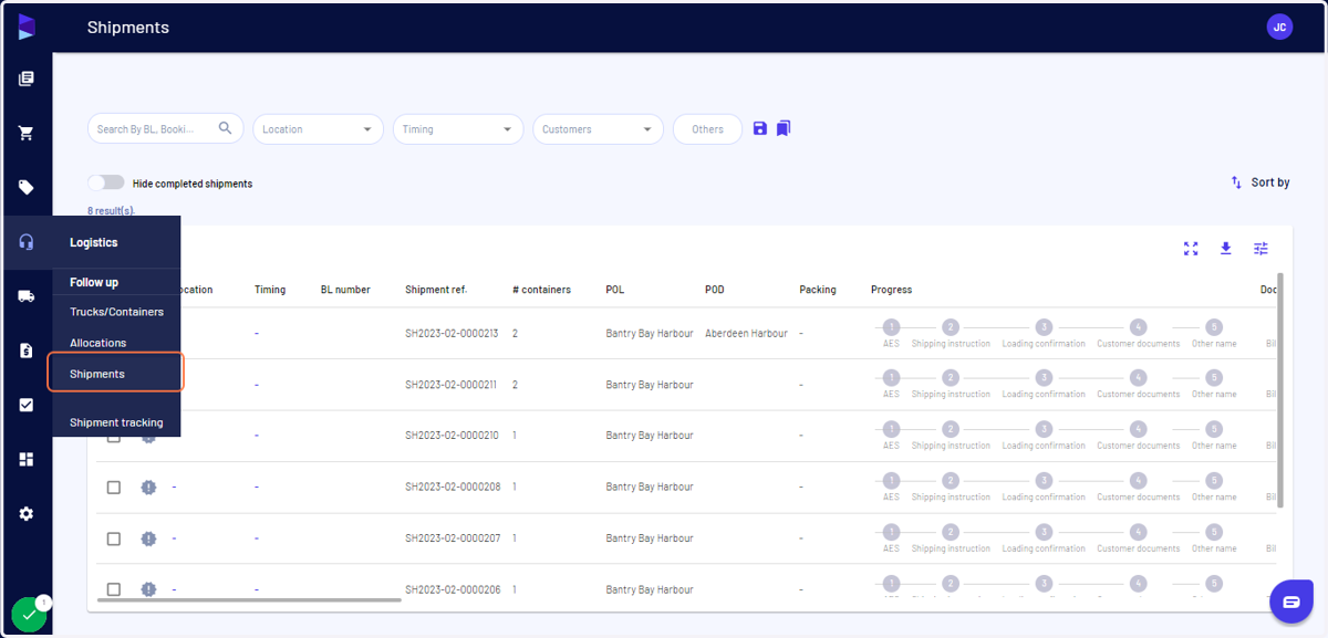 Go to the "Logistics" menu and click on "Shipments"