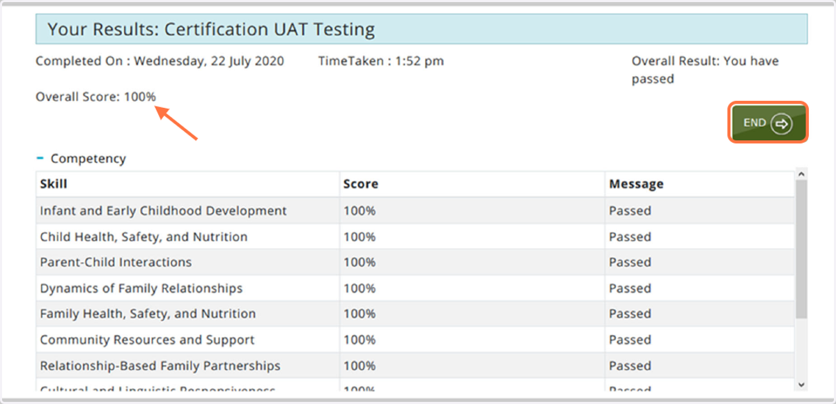 The score will automatically be displayed after you submit your results. To leave the exam, you can click End.