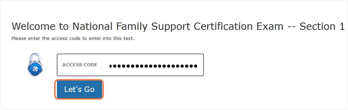 Enter the access code and click "Let's Go" to start the exam.