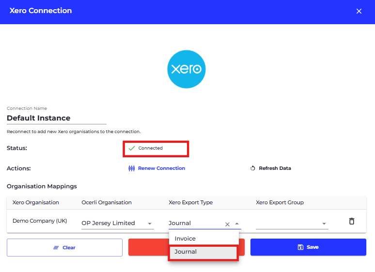 Click on Xero Export Type dropdown against the relevant organisation