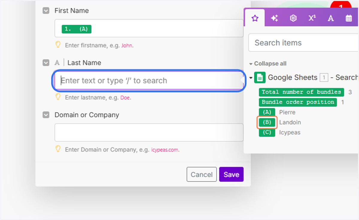 Click on the "Last Name" field and select "(B)".