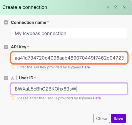 Go back to the Make tab and paste your API key and your User id.