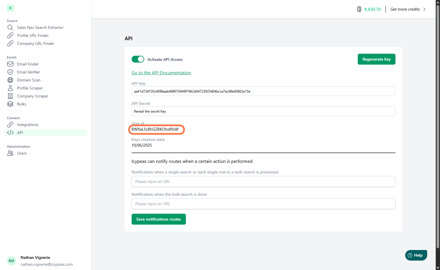 Copy your API key and your User id.