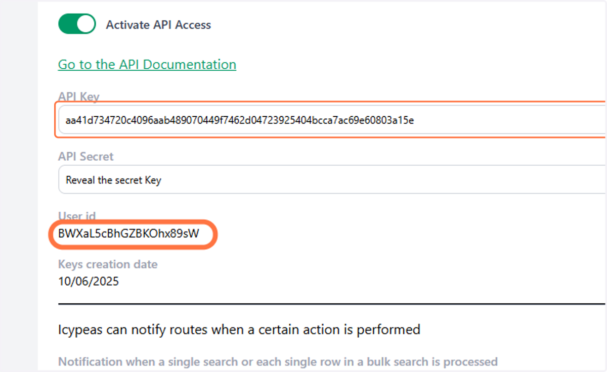 Copy your API key and your User id.