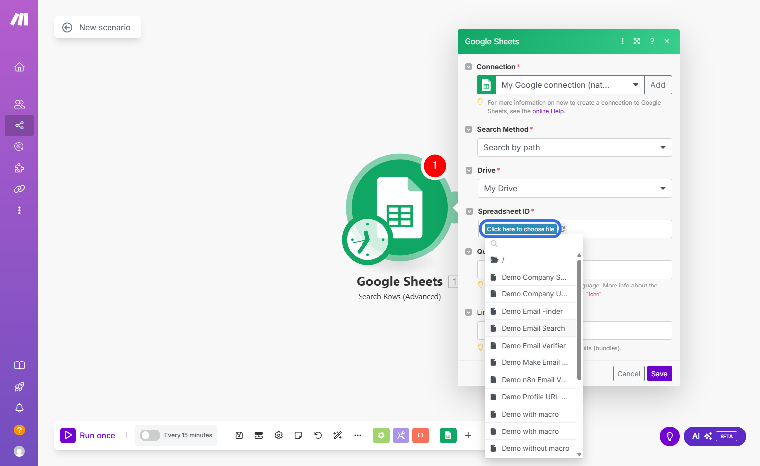 Click on "Click here to choose file" and select your Google Sheet document.