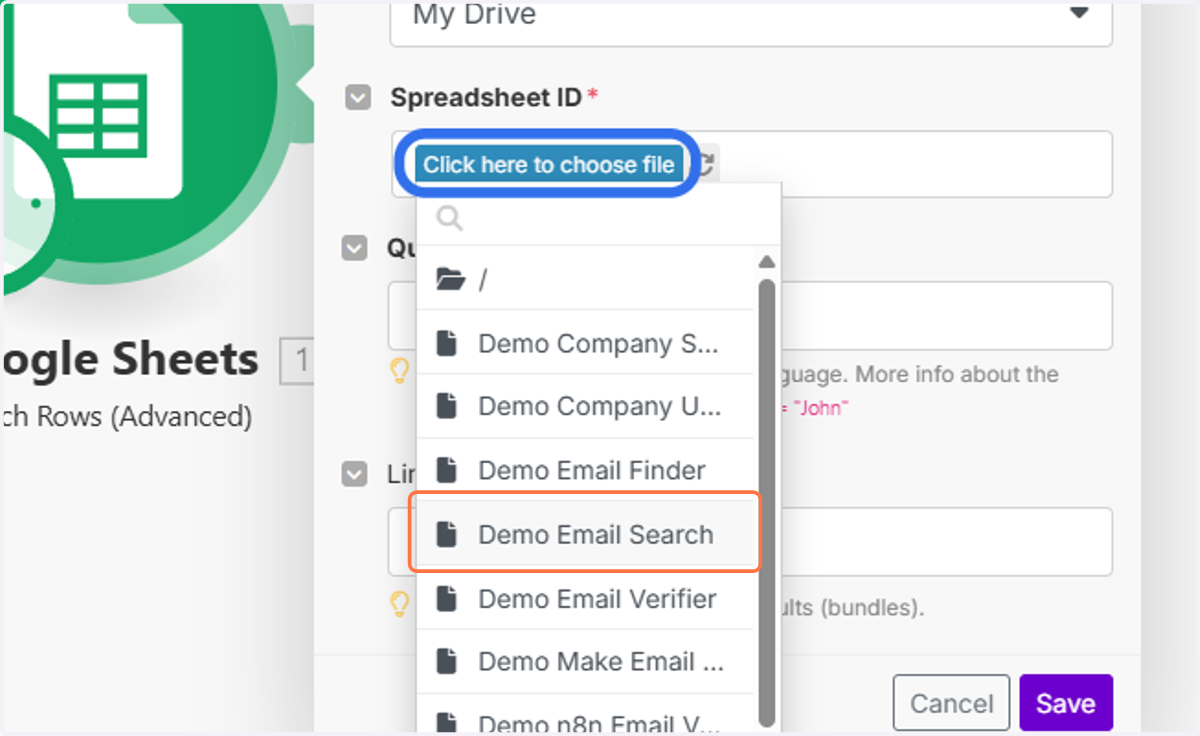 Click on "Click here to choose file" and select your Google Sheet document.