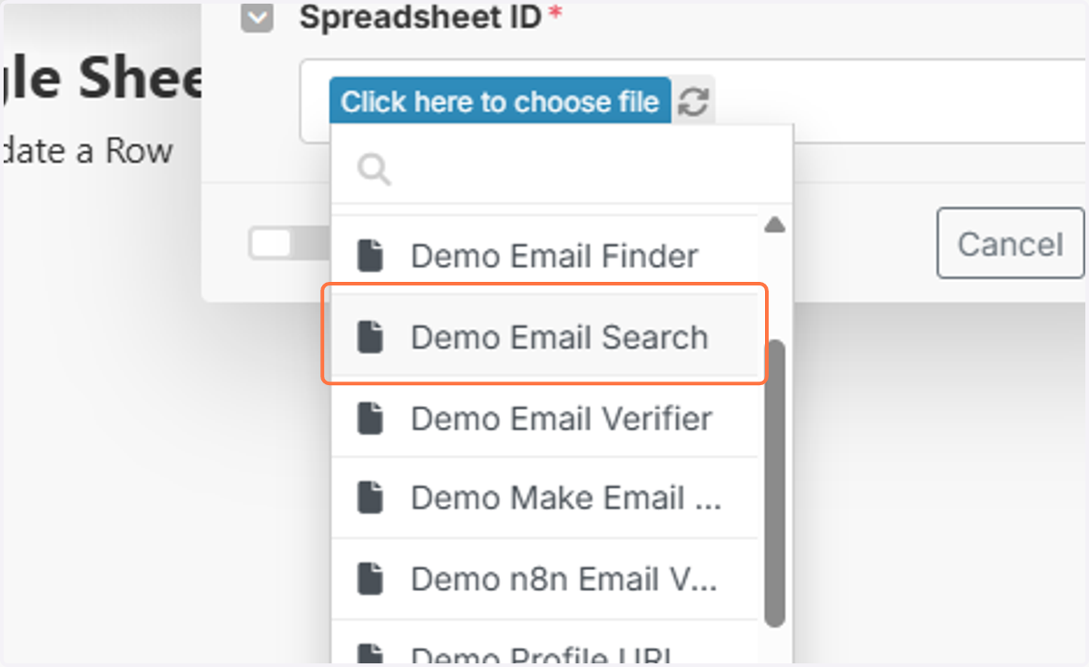 Click on "Click here to choose file" and select your Google Sheet document.