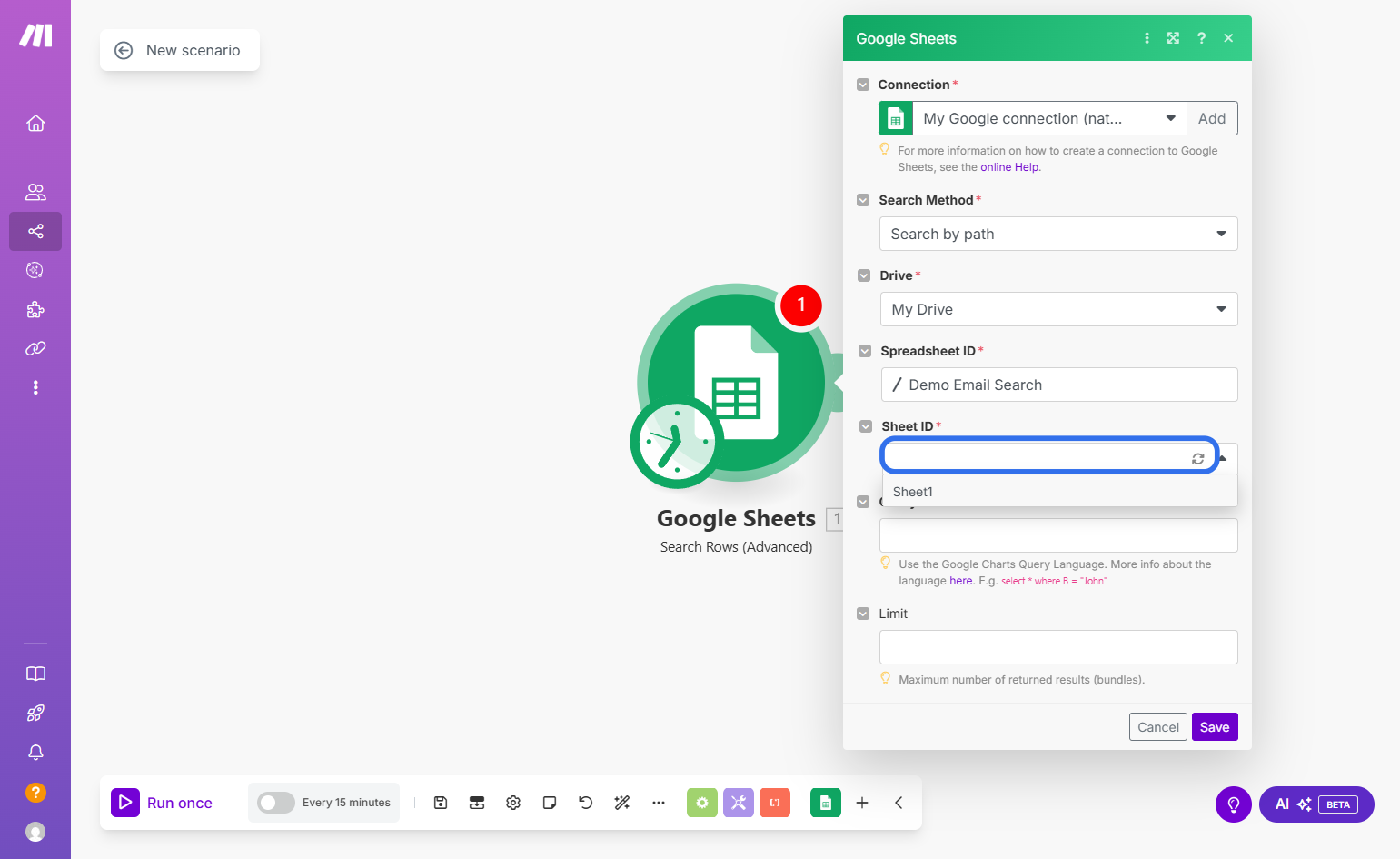 Clicl on "Sheet ID" and select the Sheet you created.