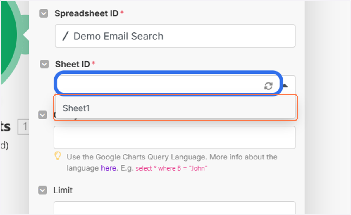 Clicl on "Sheet ID" and select the Sheet you created.