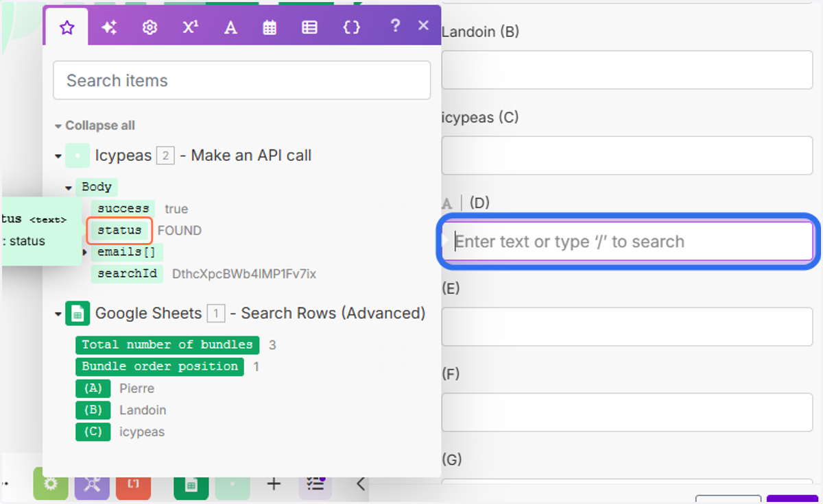 Click on the "(D)" field and select "status".