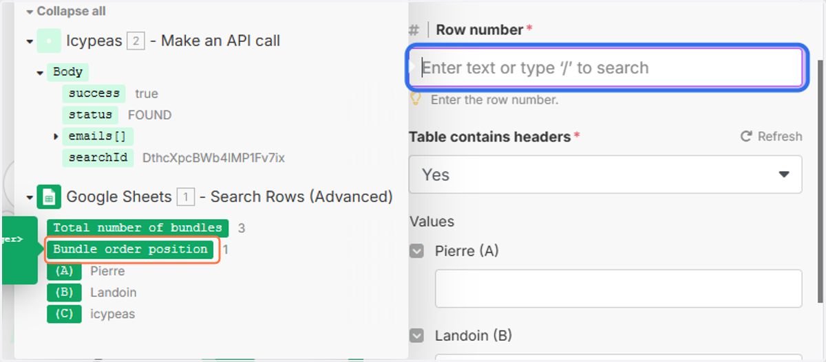 Click on the "Row number" field and select "Bundle order position".