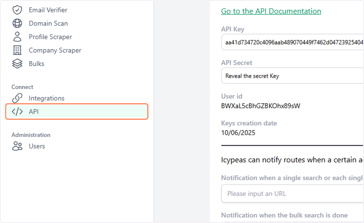 Go to Icypeas.com, sign up or log in, and navigate to the API tab.