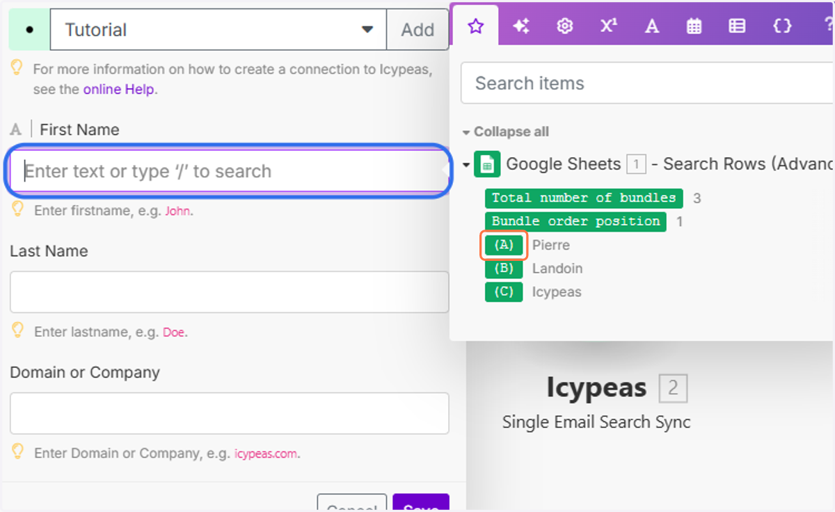 Click on the "First Name" field and select "(A)".