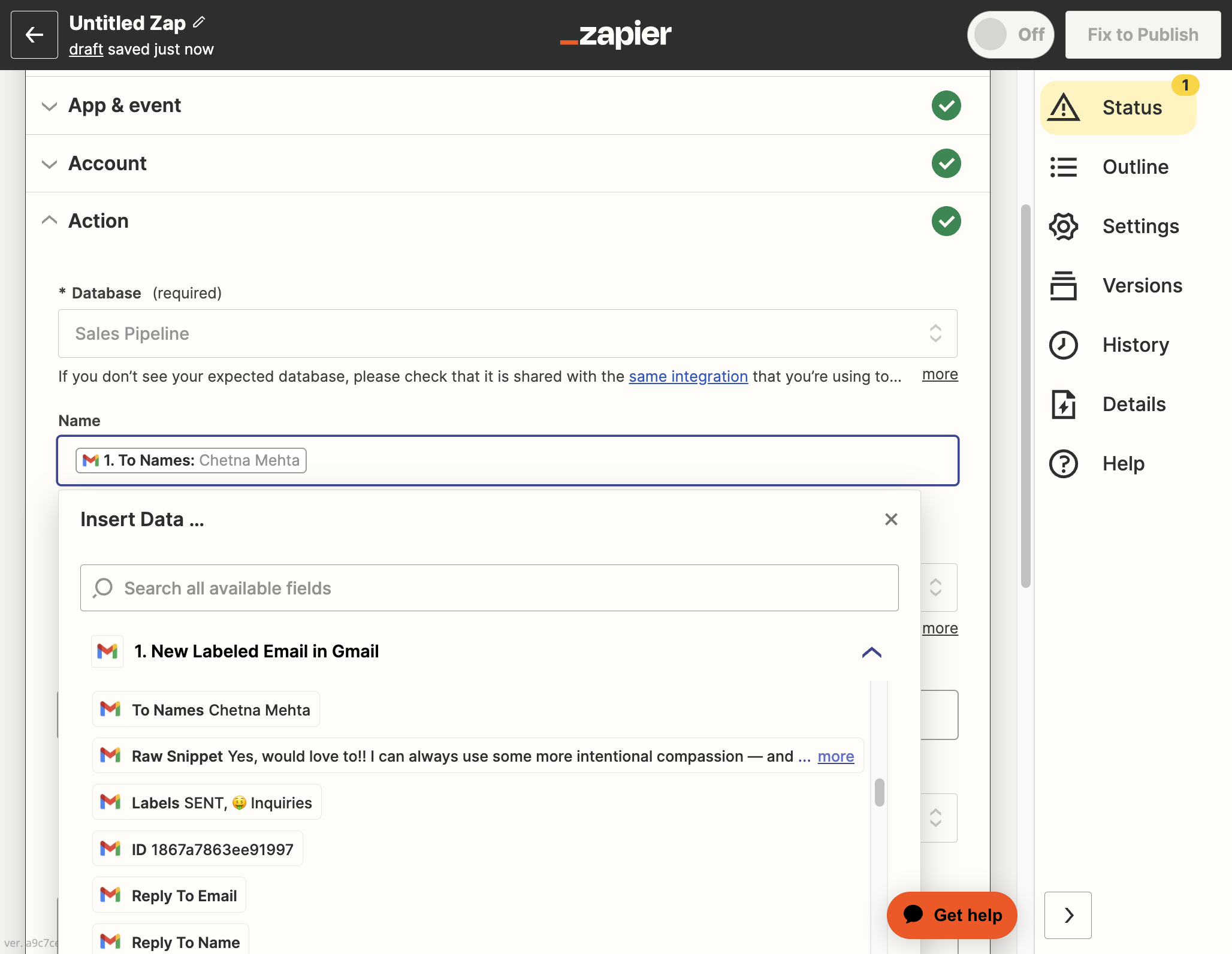 Zapier will use the data available from your Trigger to inform the Event. Select which data you want to transfer over based on the prompt