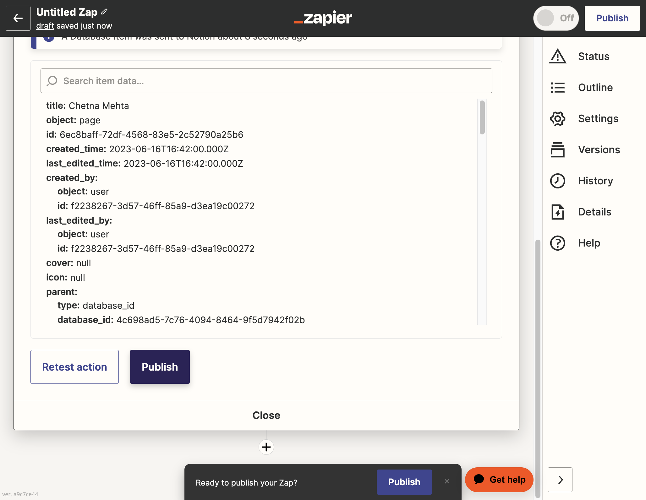 Once your Zap test is successful, click Publish