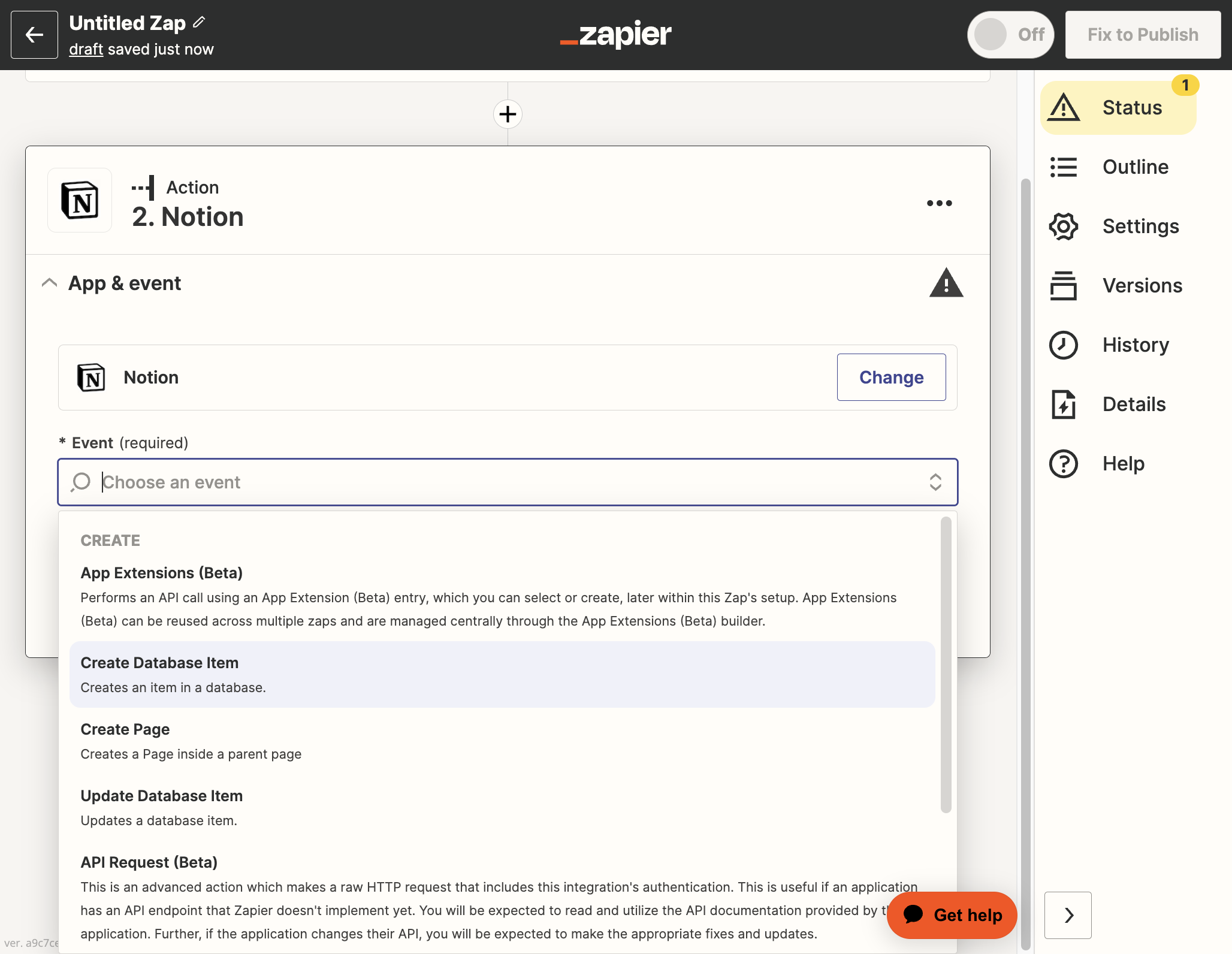 Click on Create Database Item of your choice (again, Zapier will show you what's possible within that particular app)
