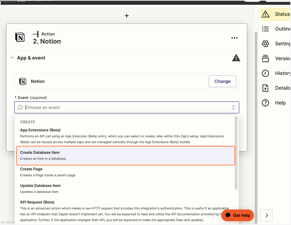 Click on Create Database Item of your choice (again, Zapier will show you what's possible within that particular app)