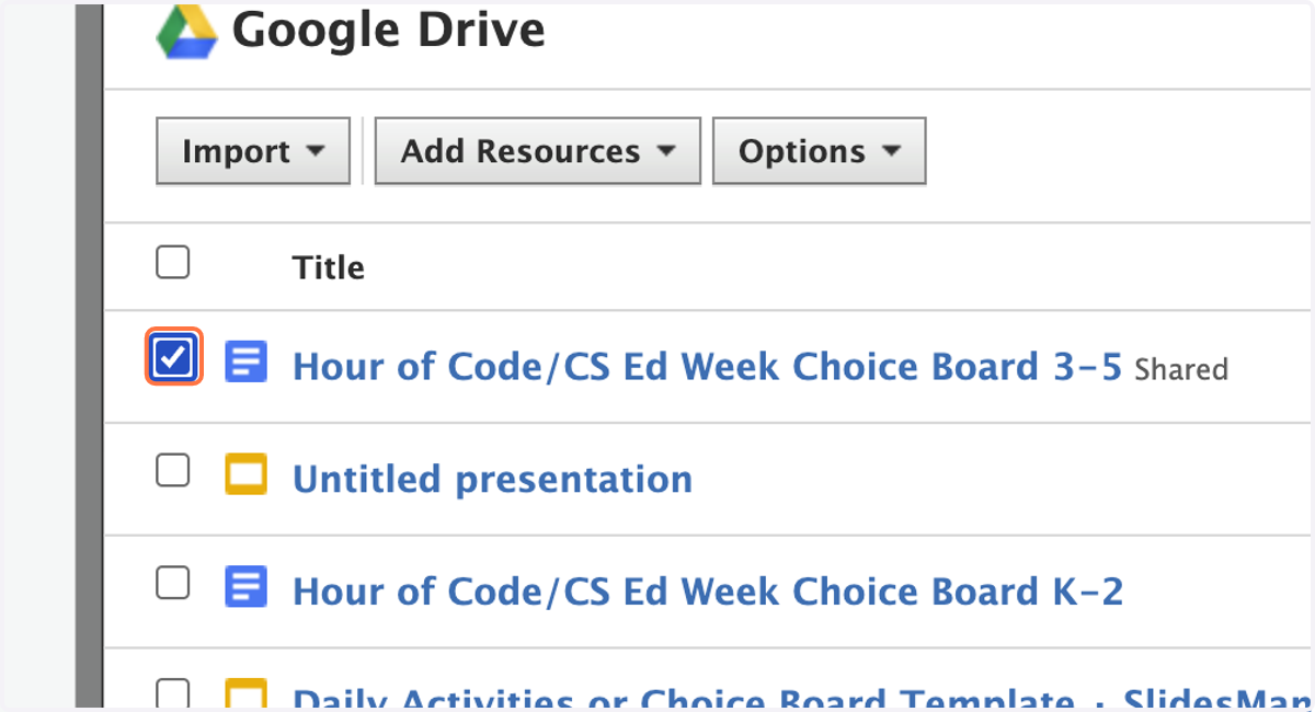 Check the box beside the name of the resource. If you don't see it, use the search bar to find it.
