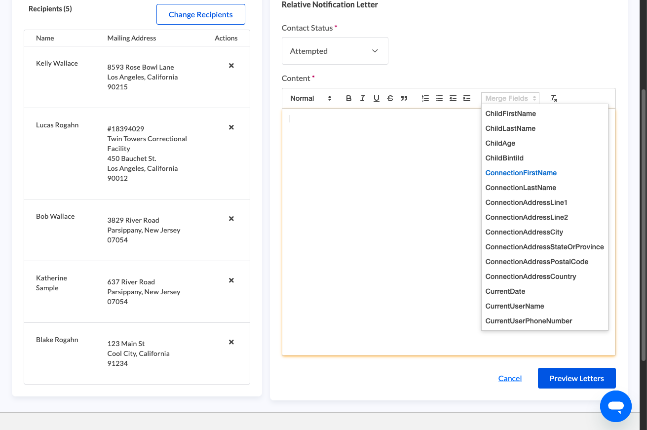 The Merge Fields menu enables you to customize letters in bulk by pulling relevant data directly from Binti.