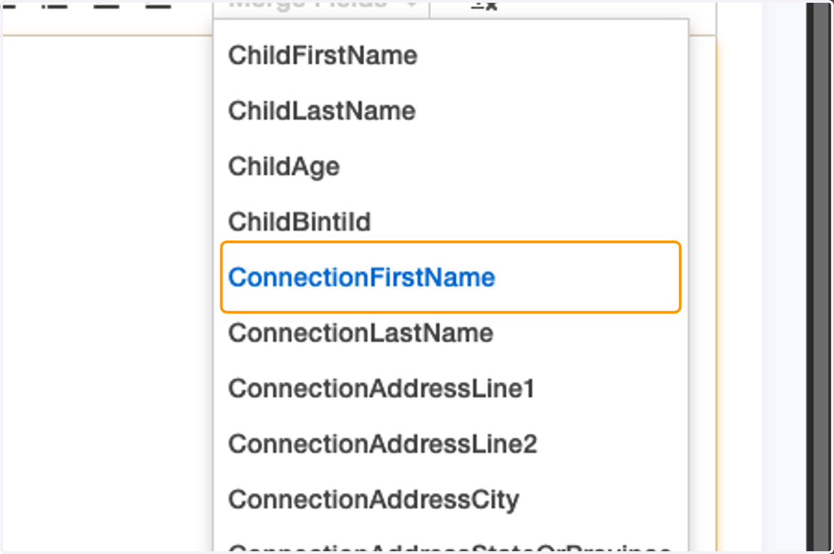 The Merge Fields menu enables you to customize letters in bulk by pulling relevant data directly from Binti.