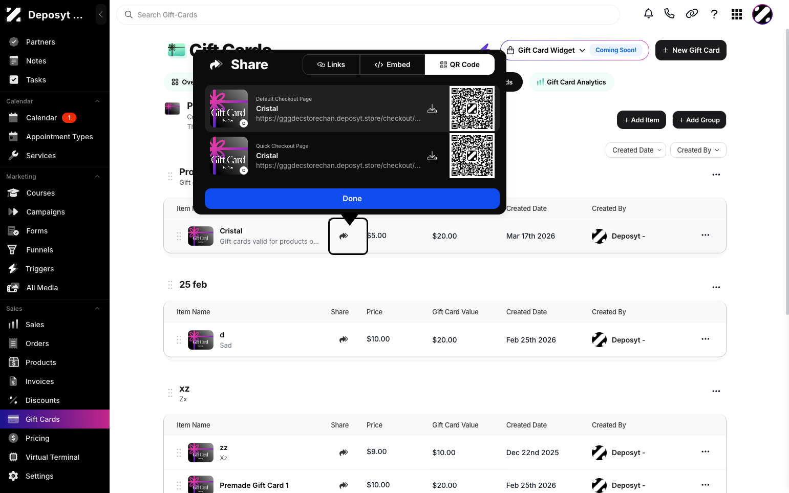 Step 8: Click on the QR Code tab to download the QR code, which links directly to the gift card.