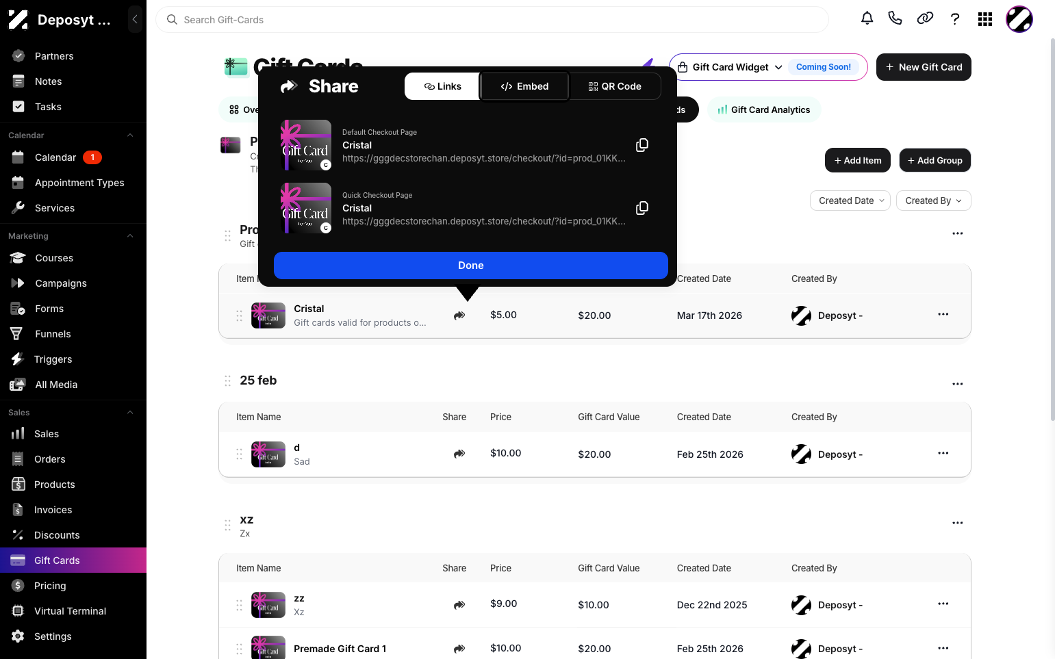 Step 6: There will be three tabs: Links, Embed, and QR Code. Under the Links tab, click the Copy icon to copy the link, which you can then paste to send to the customer.