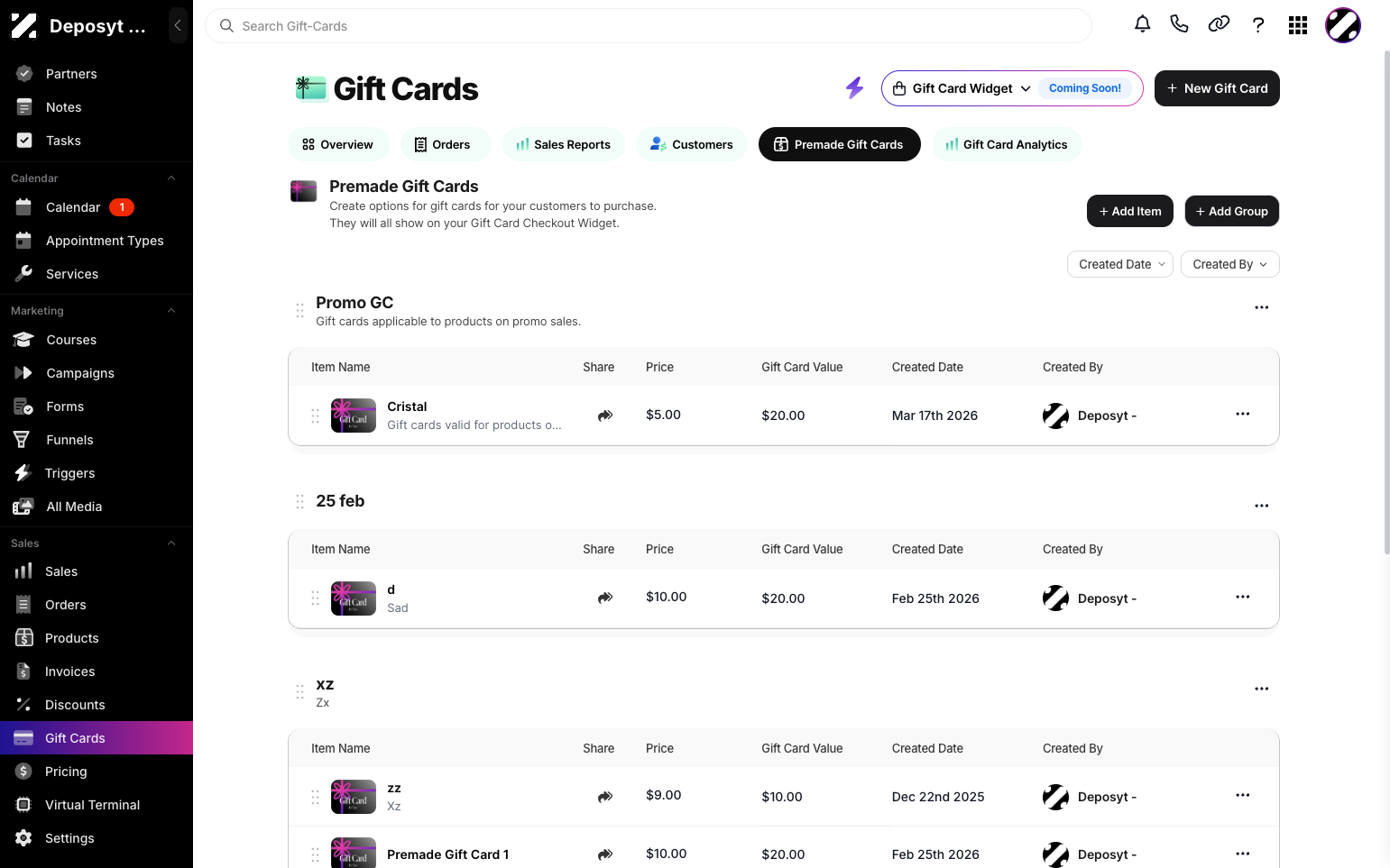 Step 4: You will now see all the actions you can perform within the Premade Gift Cards section.