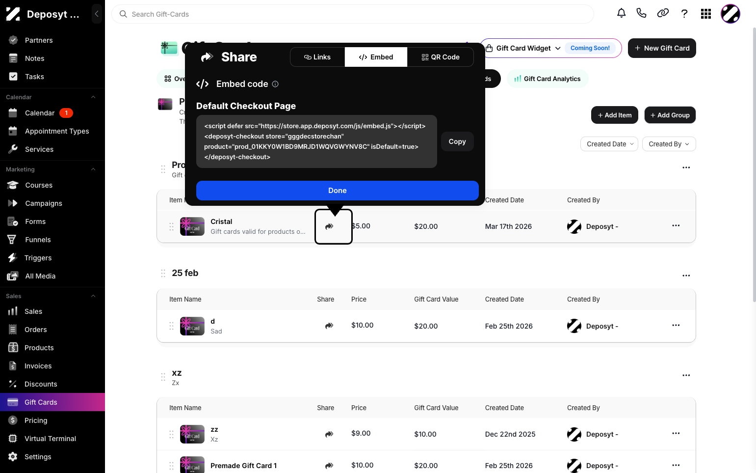 Step 7: Click on the Embed tab. Here, you can copy the embed code to place the gift card on any website.