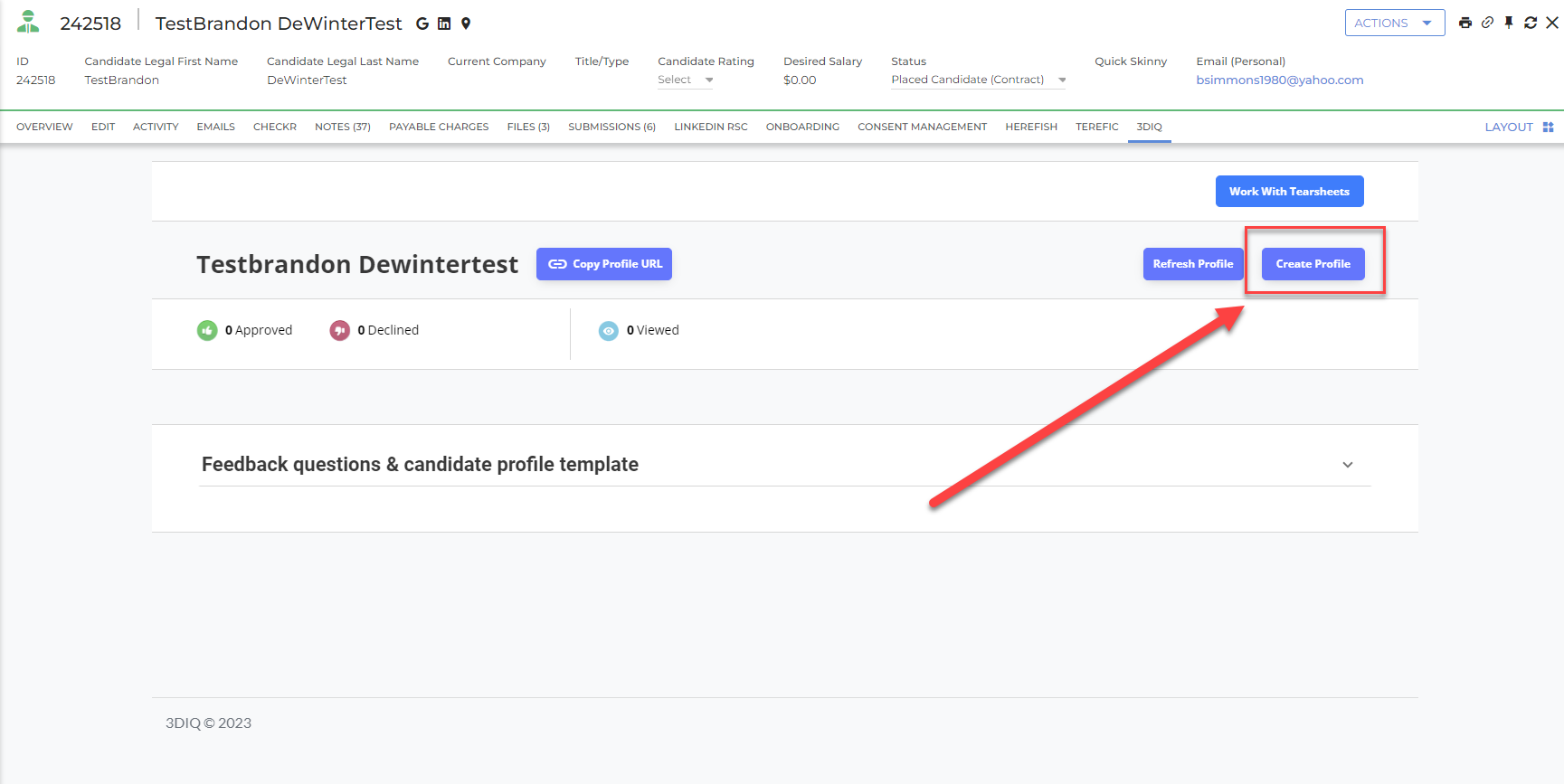 Recruiter: Click on "Create Profile"