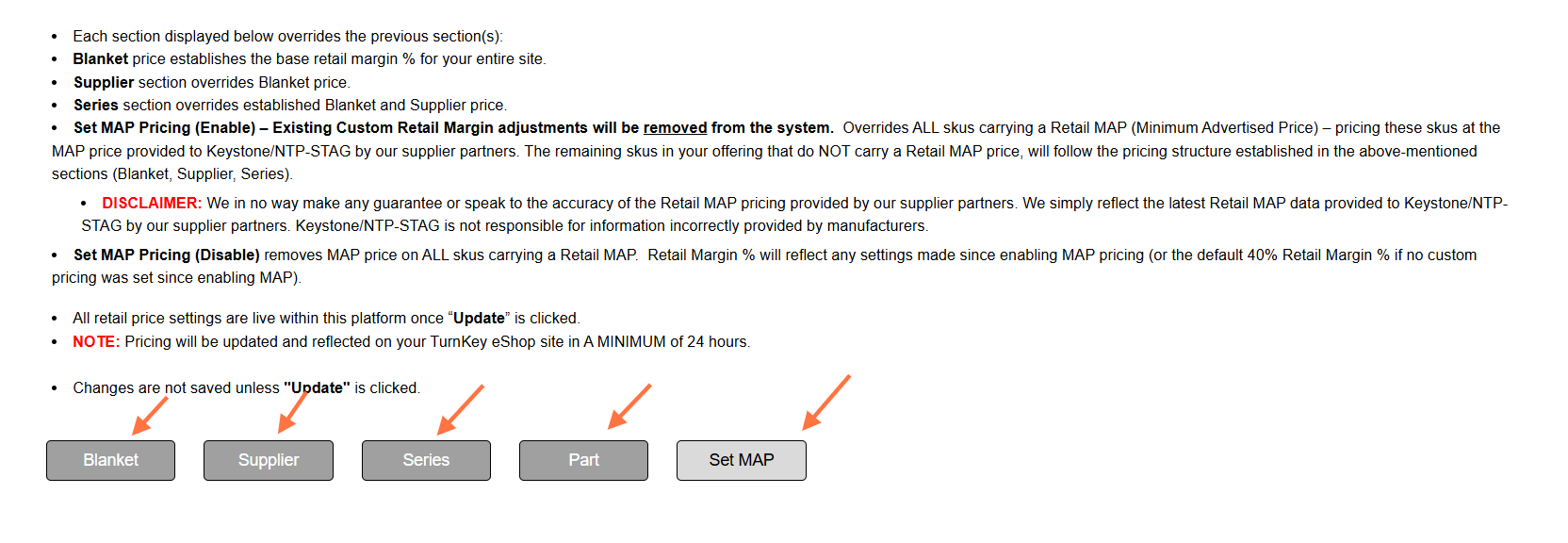Choose your method of adjustment. Currently there are five options available: BLANKET, SUPPLIER, SERIES, PART, AND MAP. It is critical you complete the MAP step first before setting any pricing