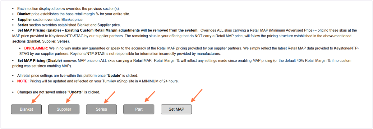 Choose your method of adjustment. Currently there are five options available: BLANKET, SUPPLIER, SERIES, PART, AND MAP. It is critical you complete the MAP step first before setting any pricing