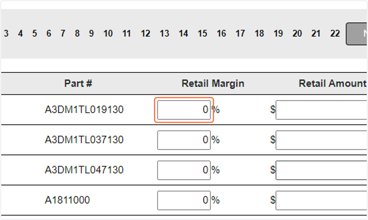 Click on the Part # Retail Margin you wish to set