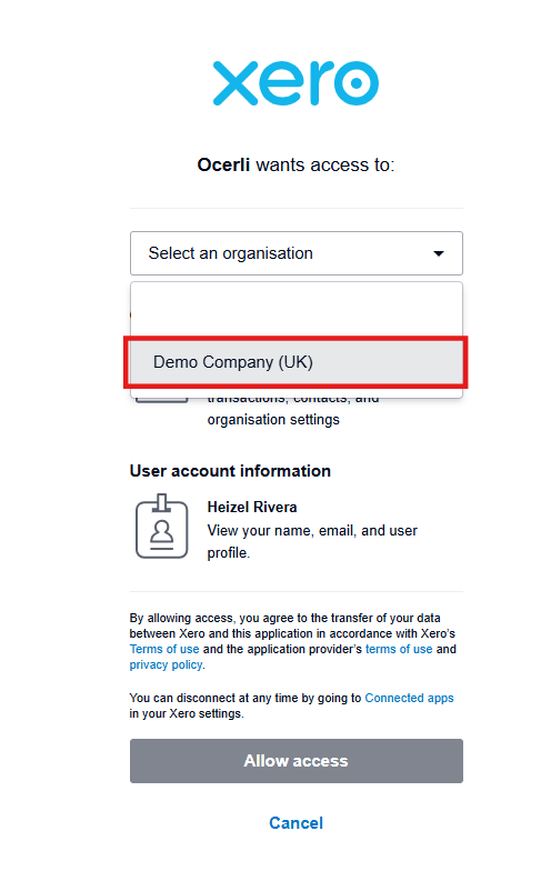 Click on your Xero company you want to connect