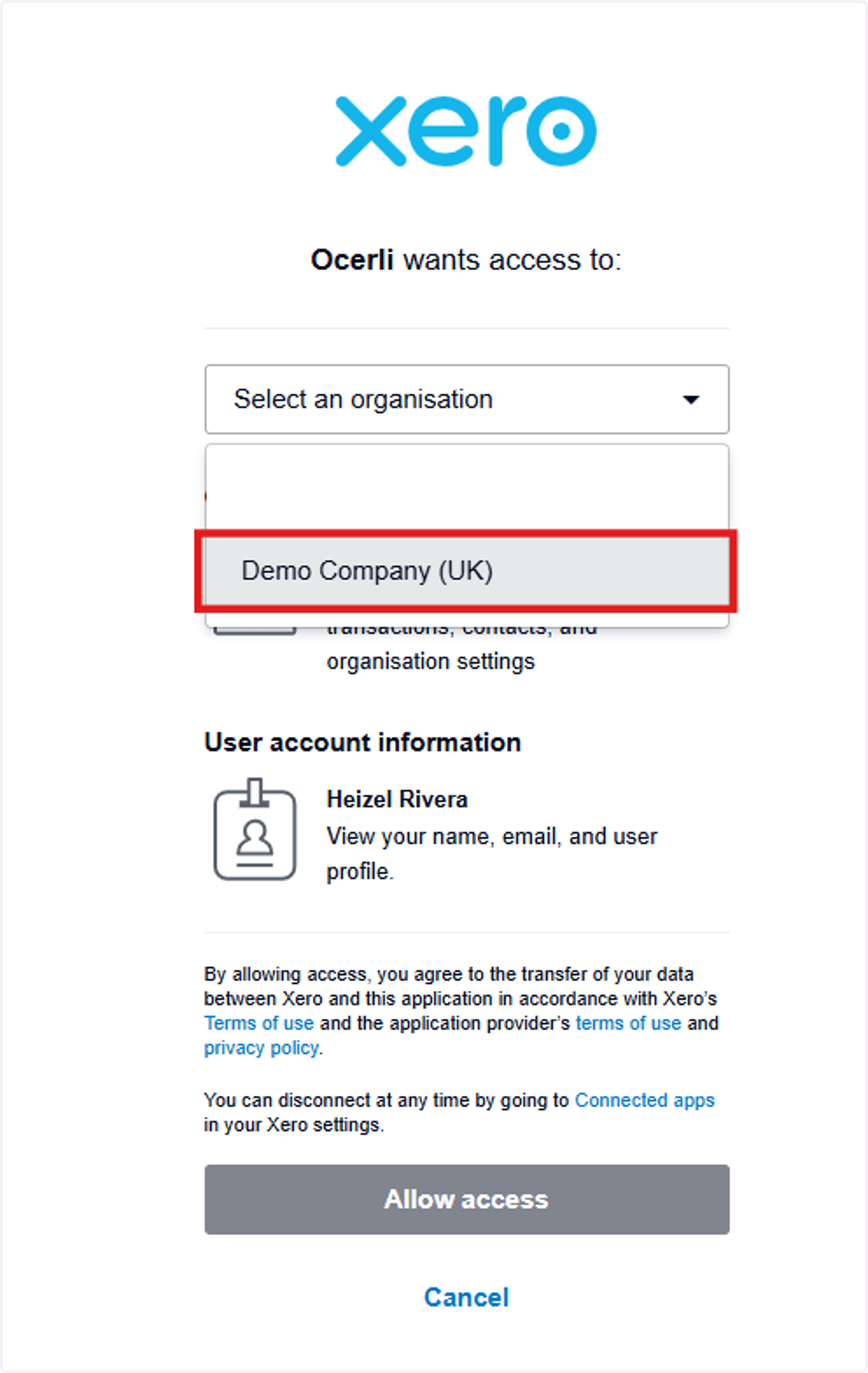 Click on your Xero company you want to connect