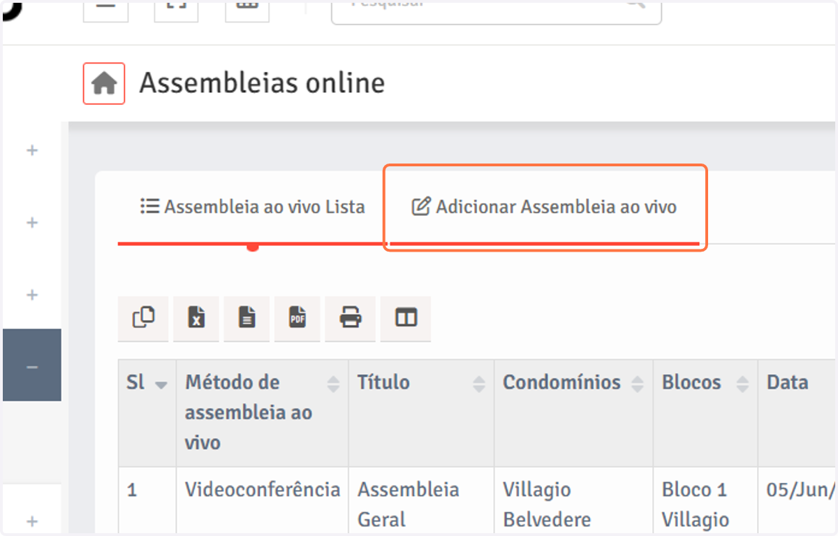 Clique na aba "Adicionar Assembleia ao vivo".