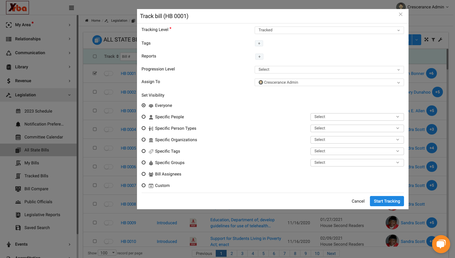 Click on 'Start Tracking' to save your selections and assignments