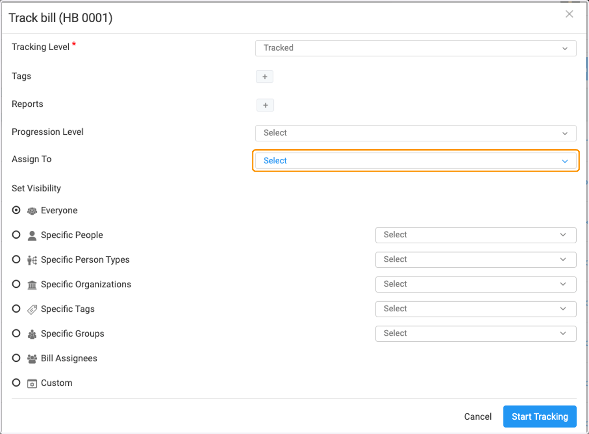You have the option to assign a bill at the time of tracking
