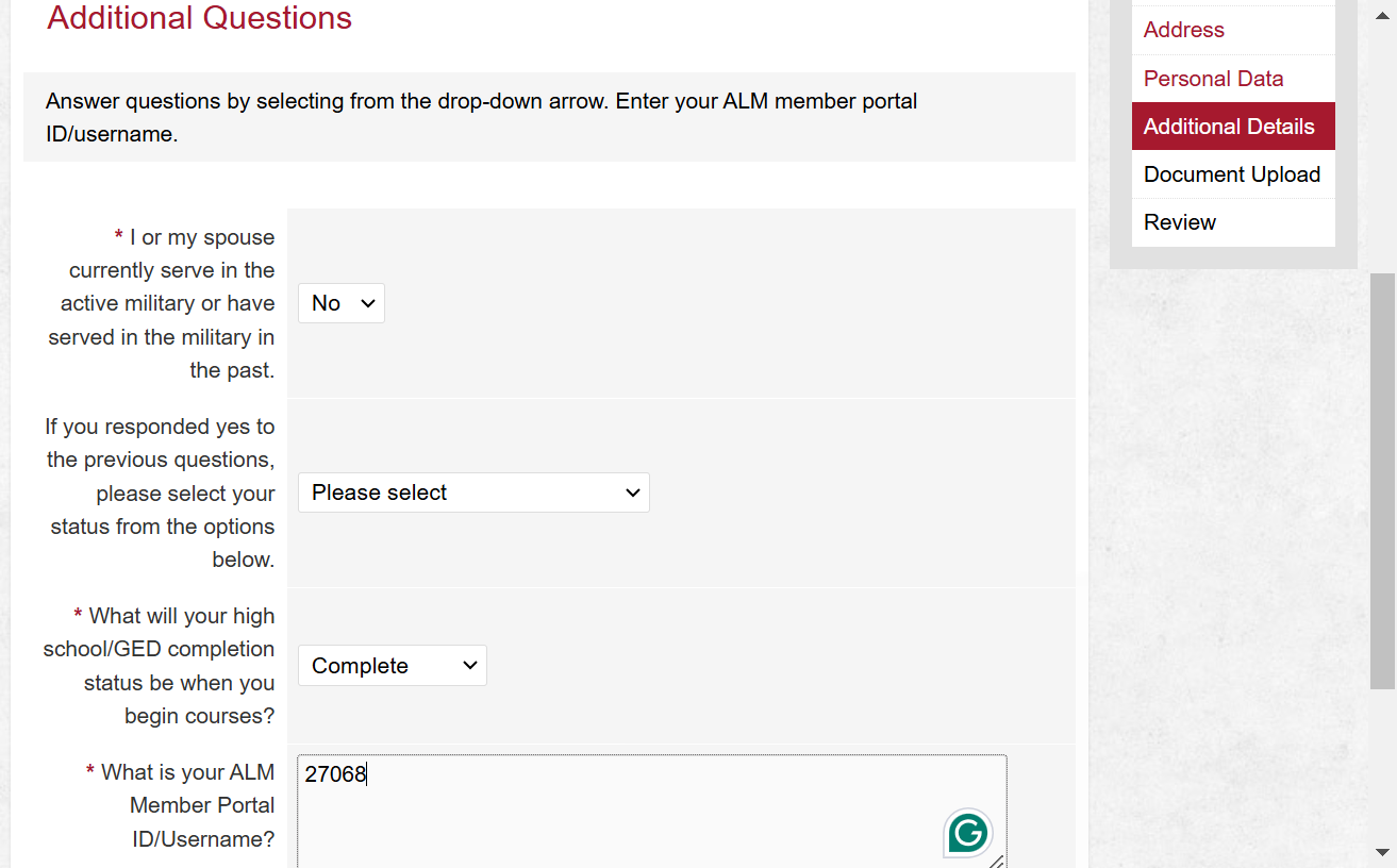 Answer questions and enter your ALM Member Portal ID and Select Next