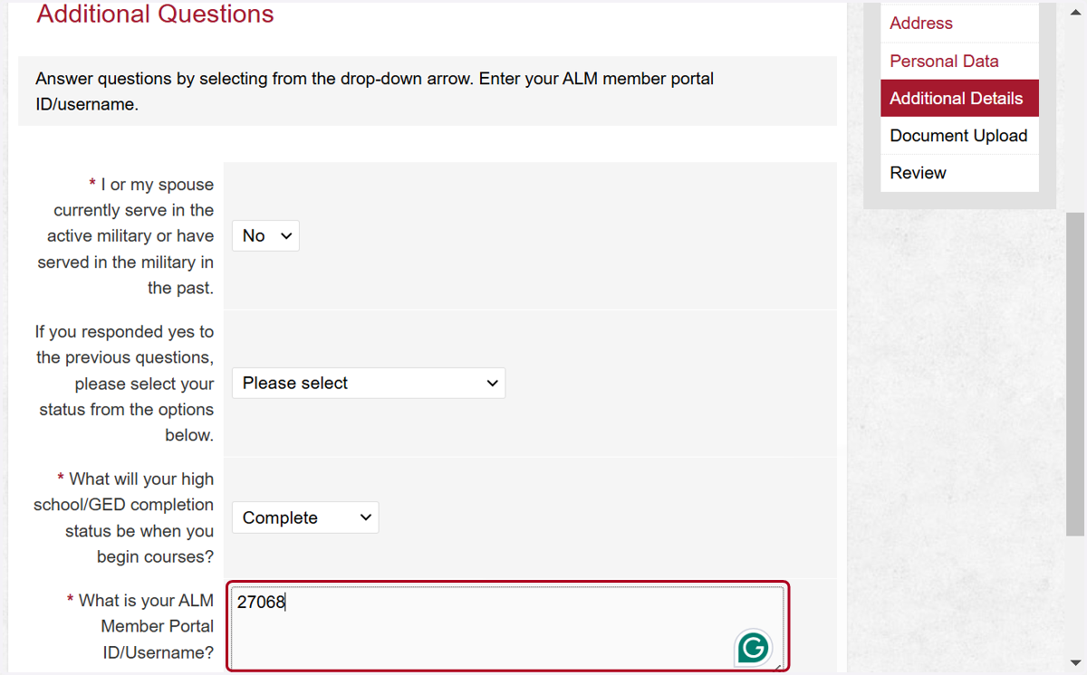 Answer questions and enter your ALM Member Portal ID and Select Next
