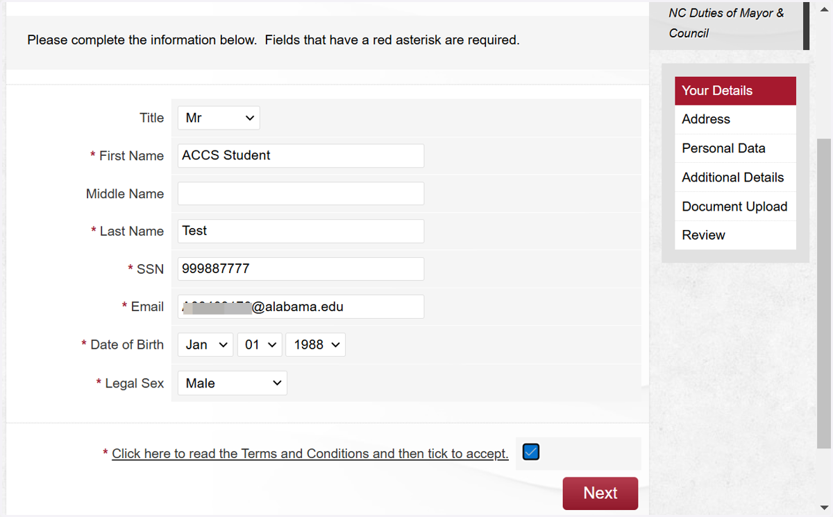 Complete all required fields and CHECK the Terms & Conditions before clicking NEXT