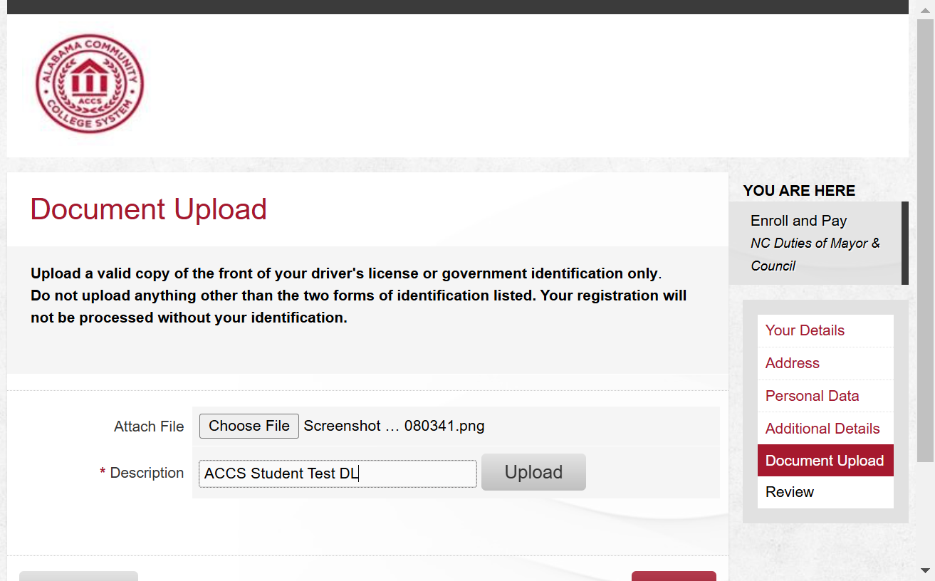 Type your name in description and click Upload